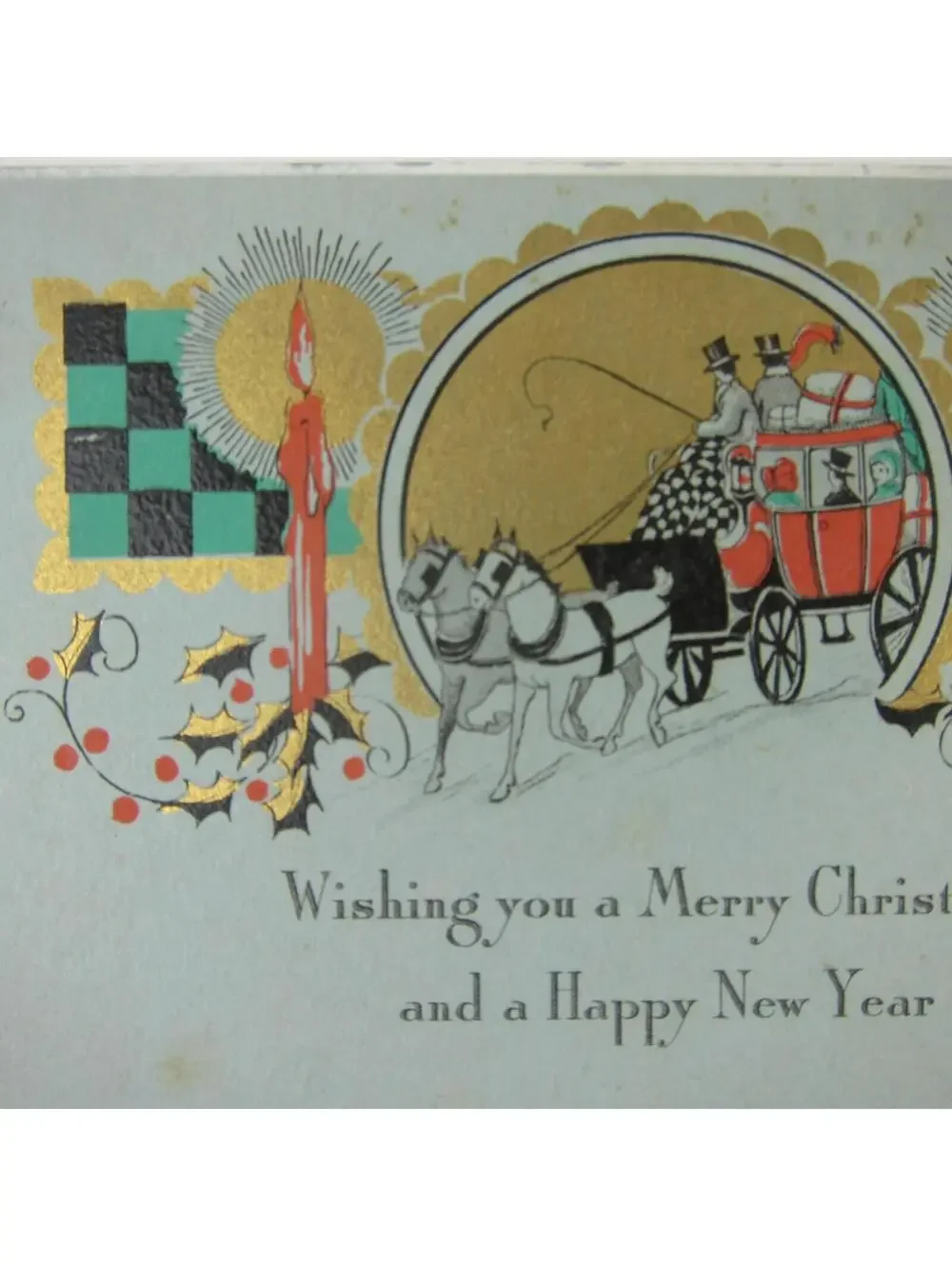 Antique Christmas Card Art Deco Carriage Horses Red Candles Holly Berries Gold